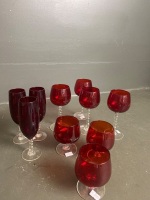 Lot red/clear glass wine glasses and goblets and ruby/clear glass champagne glasses - some with twisted stems - 2