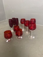 Lot red/clear glass wine glasses and goblets and ruby/clear glass champagne glasses - some with twisted stems - 3