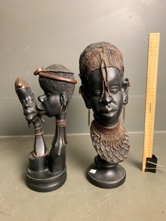 African statue lady 16' bust with beading and statue of loving couple - resin