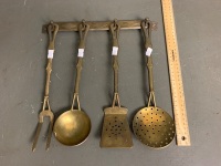 4 brass cooking utensils with hanger