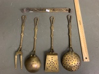 4 brass cooking utensils with hanger - 2