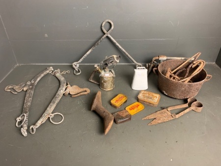 Assorted lot of metal ware inc. 3 tobacco tins, kero burner, shoe last and painted cow bell