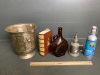 Barware lot inc. Bible look rum decanter, alloy beer flask, metal ice bucket, metal kero burner, S. Smith and Sons glass decanter