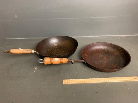 Vintage steel fry pan and wok with wooden handles