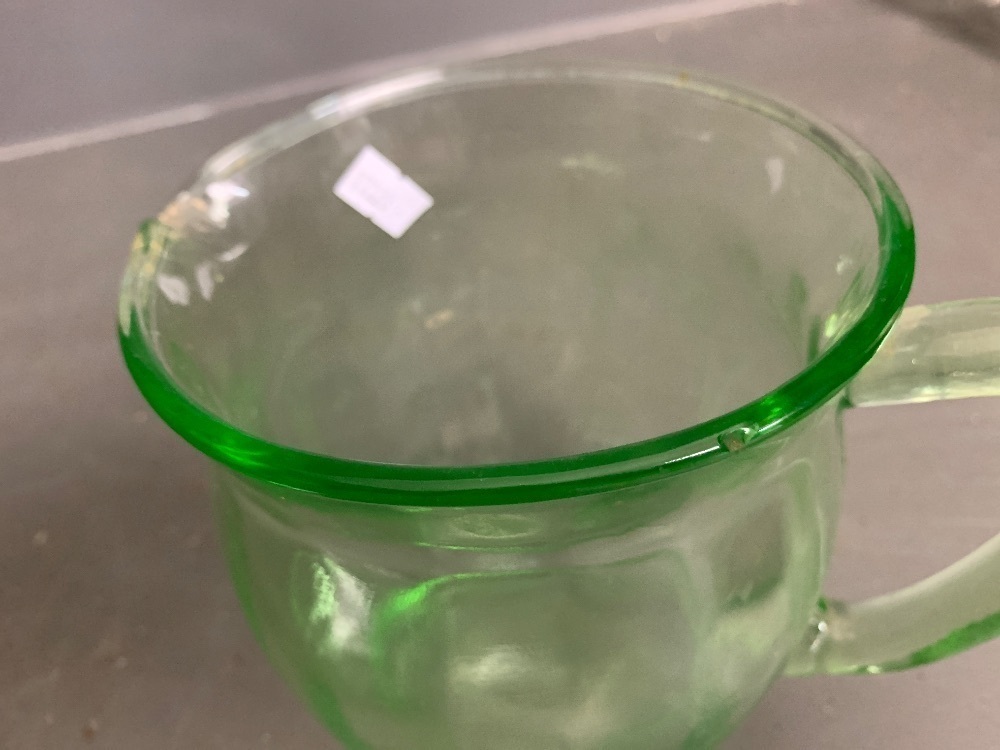 1 vintage Uranium Glass jug 2 Depression Green Glass dishes