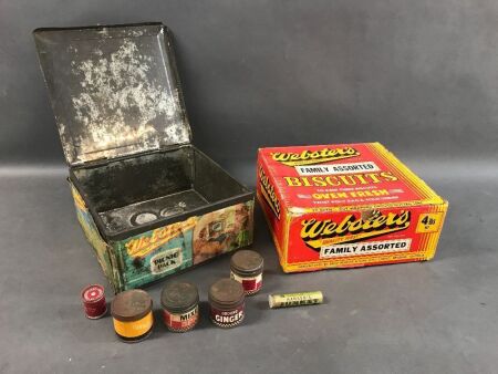 Vintage Websters Tin, Websters Cardboard Display Box + Kitchen Spice Jars