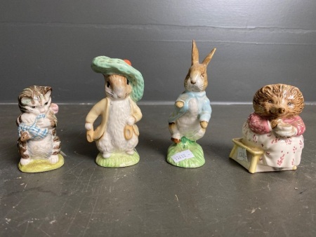 4 small Beatrix Potter figurines - Miss Moppet, Benjamin Bunny, Mrs Tiggy Winkle, Peter Rabbit