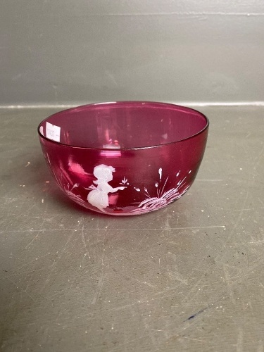 Mary Gregory hand-painted cranberry glass bowl