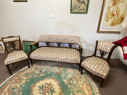  Antique 2 Seater Chaise with 2 Chairs - on metal/porcelain casters