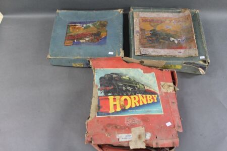 3 Vintage Clockwork Hornby Trains Box Sets - Boxes As Is but Sets in Fair Condition