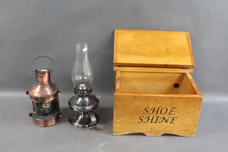 Asstd Lot inc. Brass Ships Lantern, Kero Lamp & Shoe Shine Box