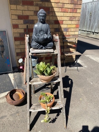 Vintage C Kennett combination step and ladder with Buddha and 2 plants