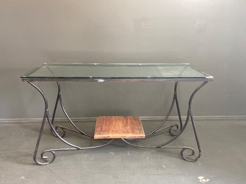 Glass and metal side/hall table with wooden centre feature (1450x510)