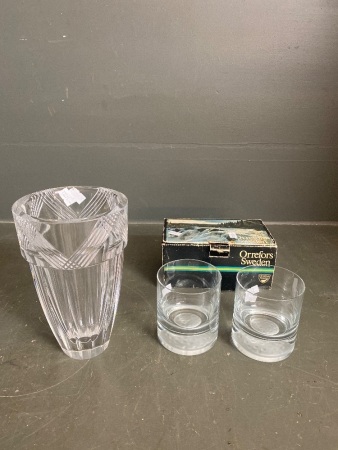 Orrefors Sweden double old fashion tumbler x 2 and 1 x Orrefors glass vase