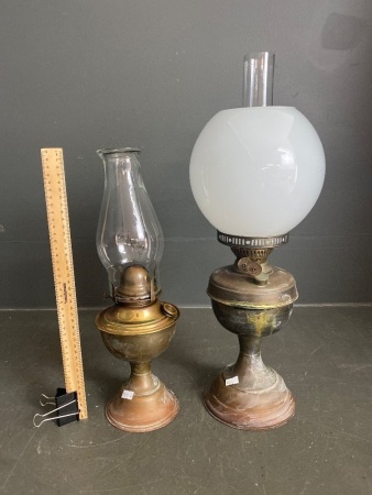 2x vintage brass oil lamps