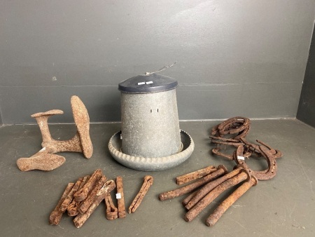 Bird Feeder, Shoe Horne and selection of old horse shoes and railway spikes
