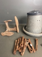 Bird Feeder, Shoe Horne and selection of old horse shoes and railway spikes - 2