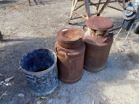 2 Vintage Cream/Milk Cans + 1 Galvanised Lavatory Can