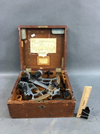 Vintage Japanese WWII Nautical Sextant by Tamaya & Co.in Original Mahogany Box with Brass Fittings