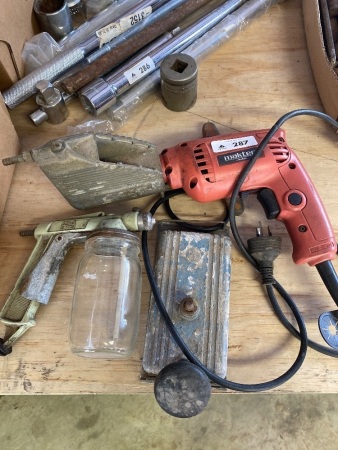 Maktec drill with spray gun, air gun and sander