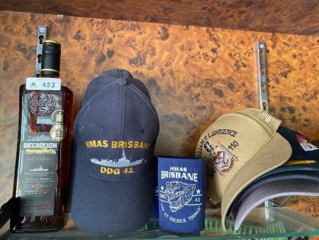 Collector HMAS BRISBANE III Beenleigh ‘Limited Release’ rum with HMAS BRISBANE CAP, stubby cooler and selection USA  Navy Caps