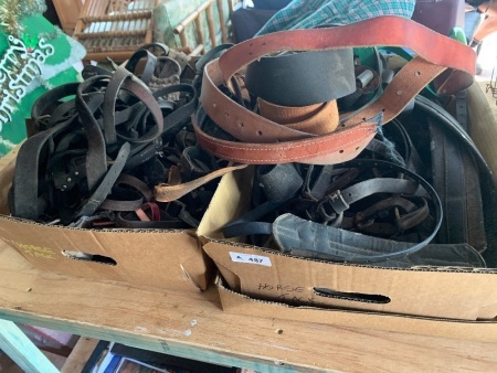 2 boxes of leather straps, bridles,, girths, buckles etc