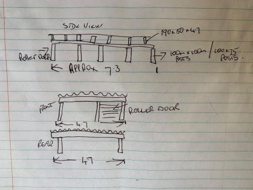 Timber framed shed - disassembled - hardwood beams - approx 4.7m x 7.3m - corrugated sheets run the entire length of shed - posts 100 x 100mm and 100 x 75mm - beams 190 x 50 x 4700mm - see photo for hand-drawn plan