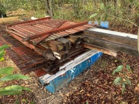 Timber framed shed - disassembled - hardwood beams - approx 4.7m x 7.3m - corrugated sheets run the entire length of shed - posts 100 x 100mm and 100 x 75mm - beams 190 x 50 x 4700mm - see photo for hand-drawn plan - 4