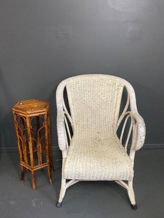 White seagrass chair and tiger cane plant holder/stand