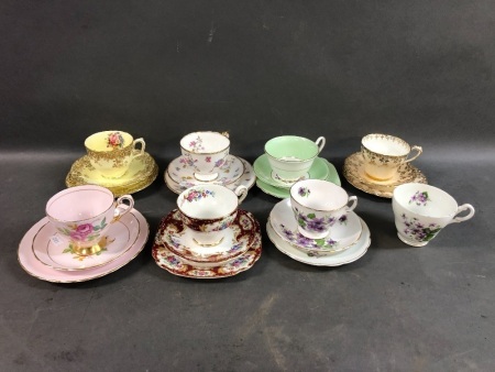 7 Vintage Assorted English Bone China Trios + Spare Tea Cup