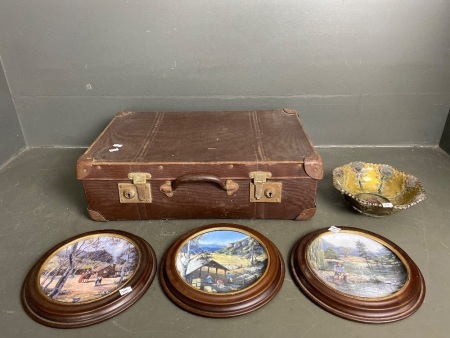 Vintage suit case with 3 Westminster plates and rose ornate bowl