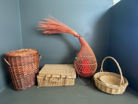 Lot of cane baskets and light