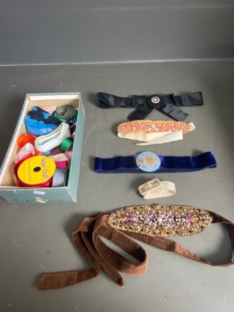 Assorted selection of ladies vintage belts and box of mixed ribbons