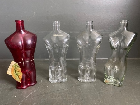 Set 4 unique glass human torso bottles