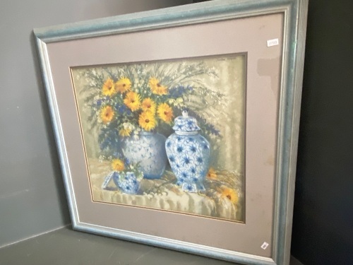 Still Life with Ginger Jars & Flowers - Watercolour/Gouache - Signed Sandra Sampson