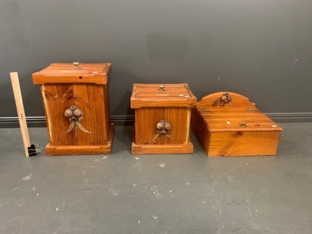 3 Pine Potato/Onion/Bread Boxes with Brass Plaques and Fittings