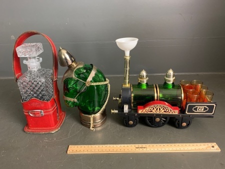 3 Glass Decanters inc Musical Horse and Train