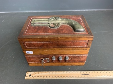 Amber Glass Decanter and Shot Glasses in Wooden Pistol Box