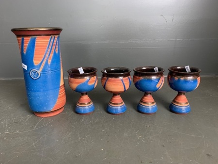 Set of 4 Joe Sartori Pottery Goblets and Wine Cooler - Splash Glazed Terracotta in Blue and Brown with Metallic Gold Accents - Australian Made - signed to base