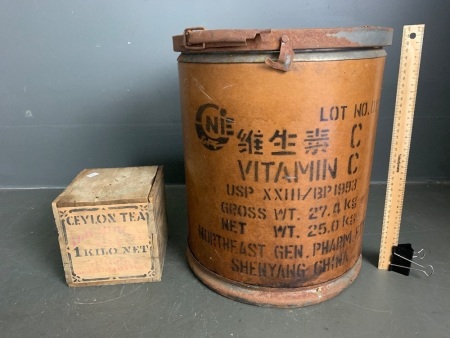 Chinese Heavy Walled Waxed Cardboard Barrel Container with Metal Ring Lock + Wooden Ceylon Tea Box