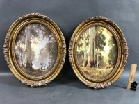 Pair of Frank Mutsaers Oils on Board "Among the Tall Timbers" c1979 in Gilt Oval Frames