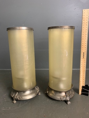 Pair of Art Deco Candlesticks with Stainless Steel Base and Frosted Yellow Cylinder Shades