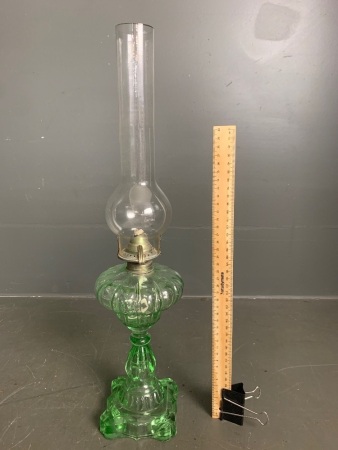 Vintage Pressed Green Glass Oil Lamp with Clear Glass Chimney 