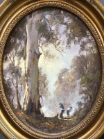 Pair of Frank Mutsaers Oils on Board "Among the Tall Timbers" c1979 in Gilt Oval Frames - 2