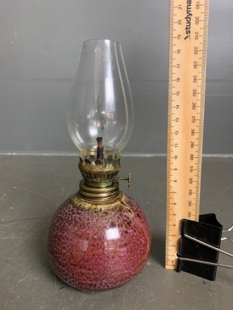 Small Ceramic Based Oil Lamp with Clear Glass Chimney - Signed Sadler 2004