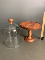 Turned Wooden Cake Stand with Glass Glouche - 2