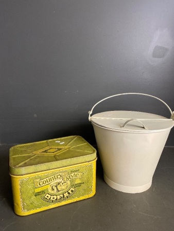 Vintage Country Style Cheinco Bread tin and cream coloured metal storage bucket