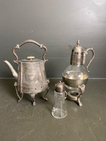 2 silver plate spirit kettles (spirit container missing off one kettle) and shaker