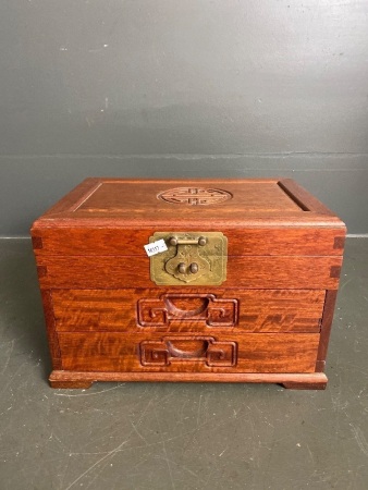 Vintage Chinese rosewood jewellery box, silk lined with brass handles