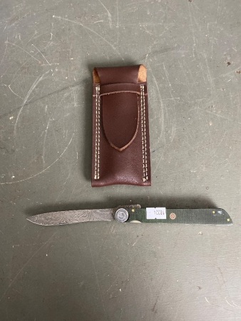 Folding Damascus Steel Knife (4in Blade) with leather pouch